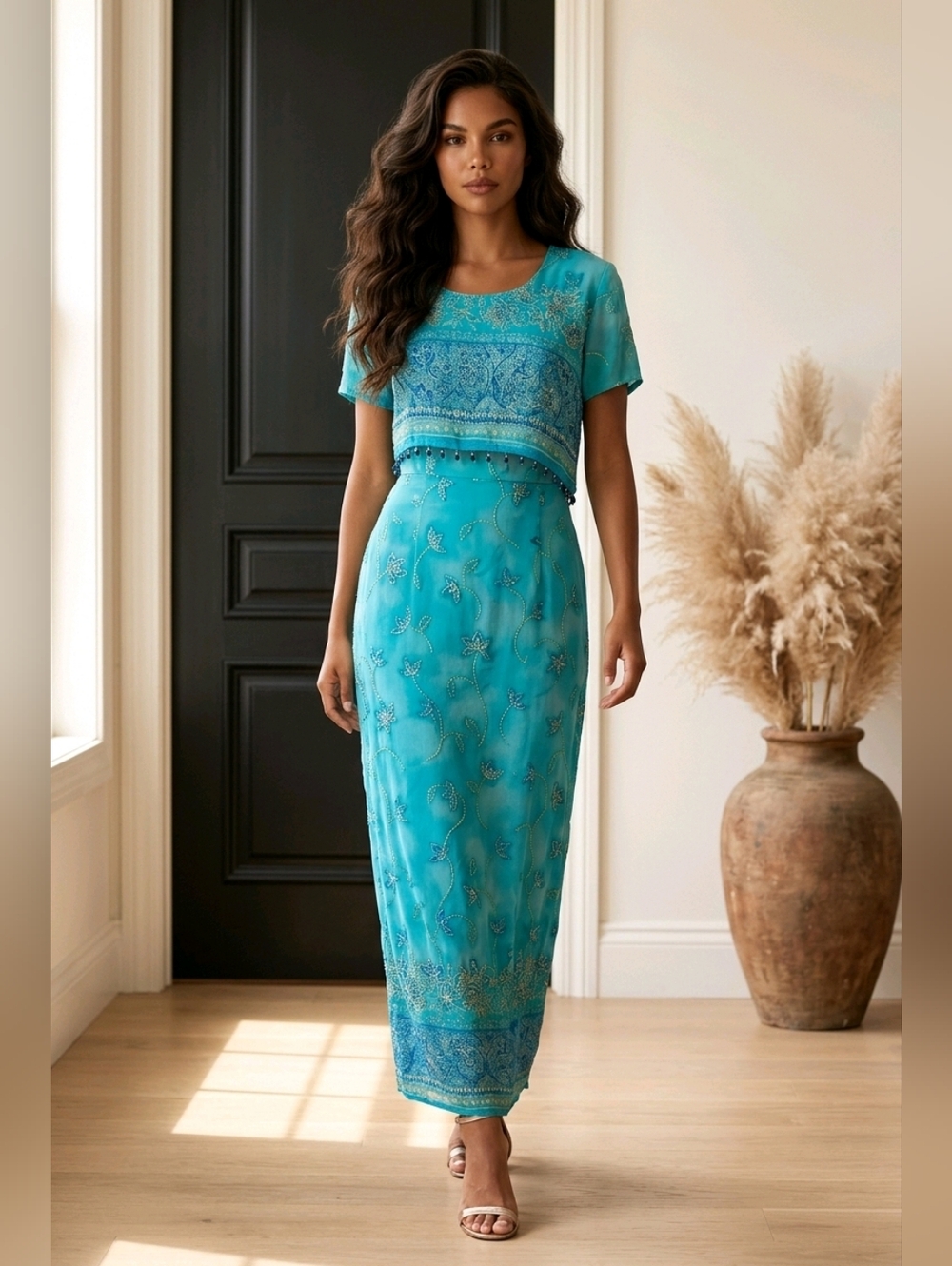 Vintage Nicole STUDIO NY Fitted Maxi Dress, BEADED ACCENTS back Zipper SIZE 10